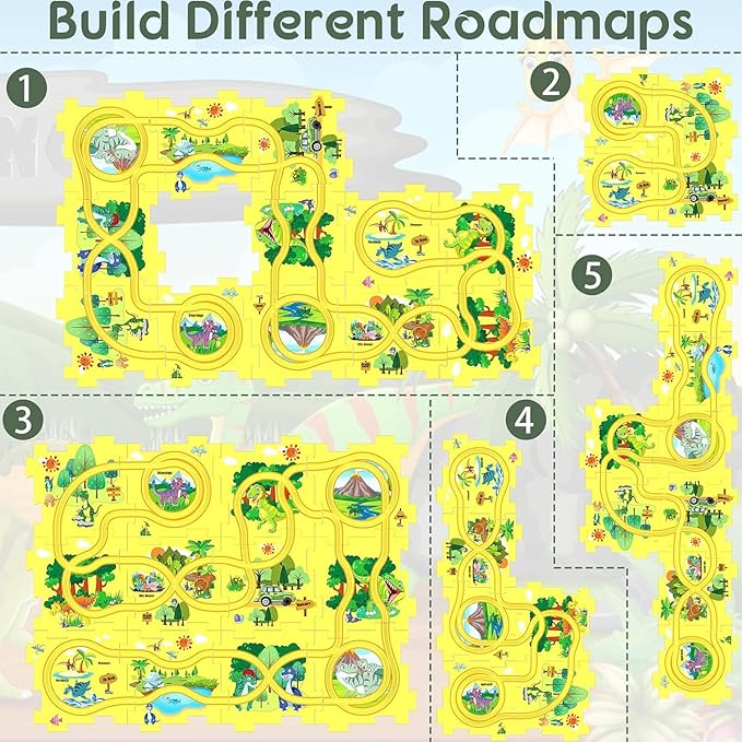 25PCS Puzzle Racer Kids Car Track Set, Dinosaur Jigsaw Puzzle Racer Car Track Set Puzzle Track Car Play Set Preschool Gifts for Kids Christmas Birthday Gift for Boys Girls