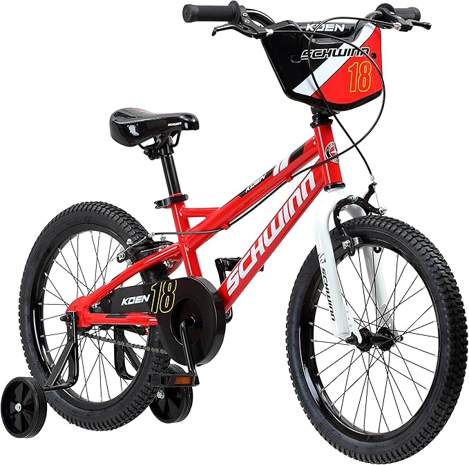 Schwinn Koen BMX Style Toddler and Kids Bike, For Girls and Boys, 18-Inch Wheels, With Training Wheels, Chain Guard, and Number Plate, Recommended Height 42-52 Inch, Red