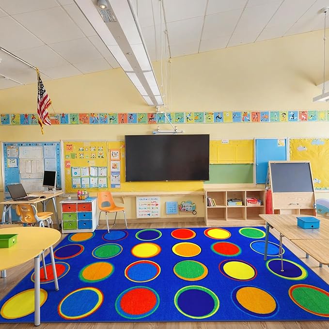 LIVEBOX Sitting Spots Kids Classroom Rug, Washable School Learning Area Rugs, Colorful Preschool Kids Classroom Carpet Non-Slip Playroom Mat for Daycare Learning, 13'x7'5"(Seats-24)