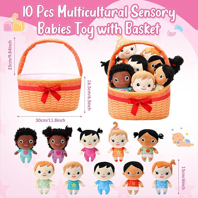 HyDren Basket Plush Baby Dolls, Set of 10 Soft Multicultural Sensory Dolls 6'' Plush Diversity Toys for Preschool Classroom, Easter Toddler Baby Toys for Kids Girls Boys All Ages