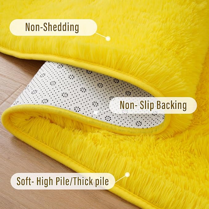 Amearea Shag Fluffy Runner Rug for Bedroom Girls Living Room, 2x6 Feet Extra Soft and Fuzzy Shaggy Rugs, Non Slip, Indoor Floor Long Carpet Mat for Boys Nursery Home Decor, Yellow