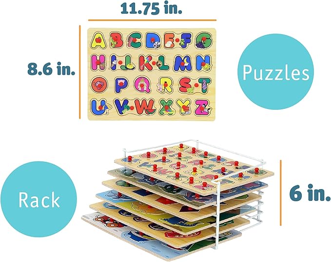 Etna Products Wooden Puzzles Set, Includes 6 Educational Puzzles and Wire Storage Rack - ABC, Numbers, Shapes, Vehicles and Animals - For Kids Age 3 Plus