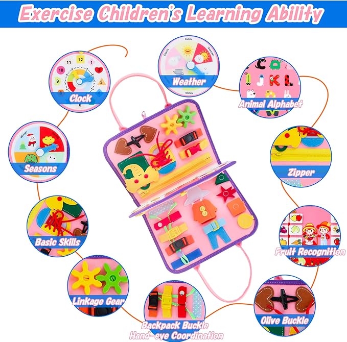 iooo Toddler Busy Board Montessori Toys for 1 2 3 4 Year Old, Sensory Board with Buckles Educational Activities for Learning Fine Motor Skills, Gifts Toy for Girls Boys for Airplane Car (Pink-3)