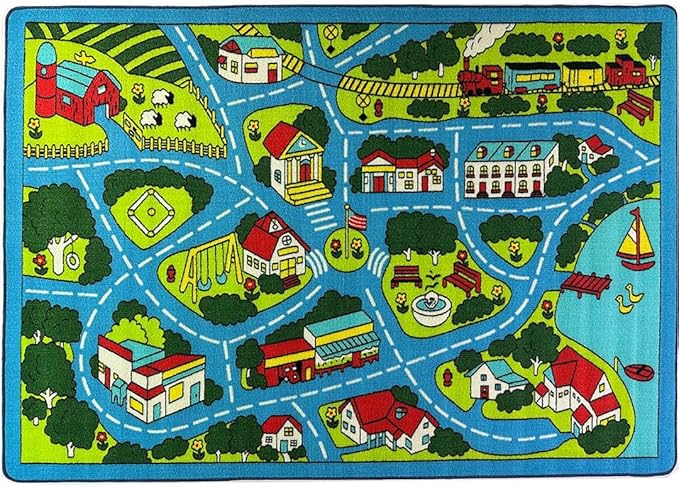 Mybecca Street map Sky Blue Light Kids Rug Play Mat for Floor 5'x7' (Approx:4'11" X 6' 10") Non-Slip Gel Backing (59" x 82") Children Area Rug