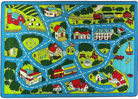 Mybecca Street map Sky Blue Light Kids Rug Play Mat for Floor 5'x7' (Approx:4'11" X 6' 10") Non-Slip Gel Backing (59" x 82") Children Area Rug