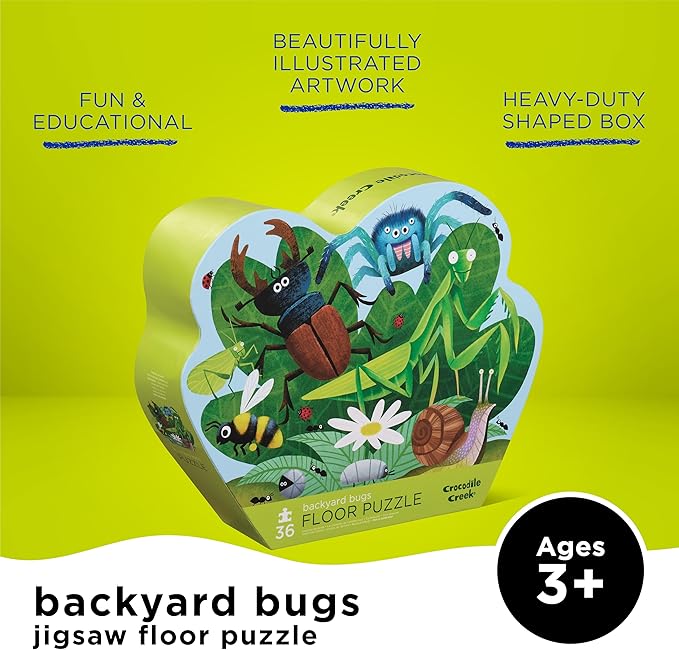 Crocodile Creek 36-Piece Jigsaw Floor Puzzle - Fun Floor Puzzles for Kids Ages 3-5 - Heavy-Duty Shaped Box for Storage - Backyard Bugs - 27" W x 20" H Finished