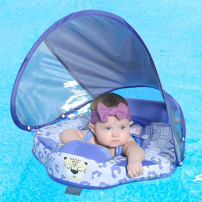 Mambobaby Float Add Tail Baby Swim Float with Canopy Solid Pool Infant Swim Trainer Swimming Training Lying Air Free Water Floats Non-Inflatable Waist Swim Ring for Toddlers (Leopard)