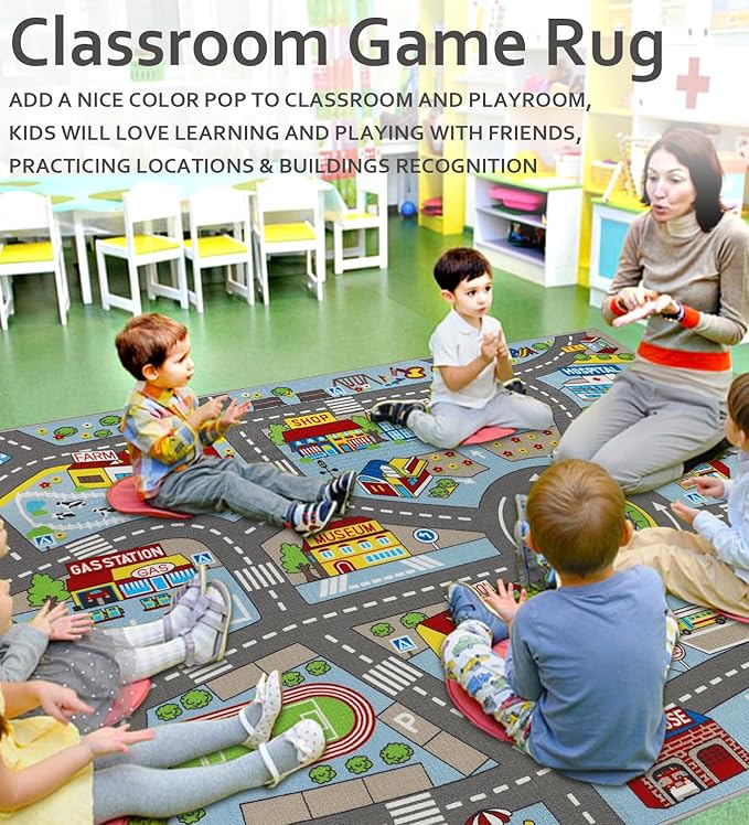 Kids Rug 6'6" x 9'8" City Life Playmat Area Rug Car City Map Washable Traffic Road Educational Learning Nursery Rug Carpet for Children Playroom Living Room Bedroom Classroom Decor Blue