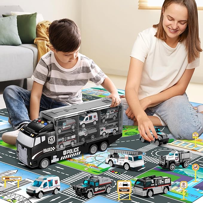 Toddler Boys Toys for 3 4 5 6 Years Old, Police Truck Vehicle Toy Set with Play Mat, Die-Cast Toy Car Carrier Truck for Kids, Birthday Gifts Toys for 3 4 5 6 7 8+ Year Old Boys
