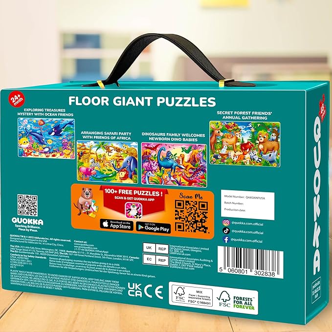 QUOKKA Giant Floor Puzzle for Kids Ages 4-6 – 2x3 Feet Extra-Thick 48 Pieces Toddler Puzzle Ages 3-5 – USA Map Educational Activity for Boys Girls – Premium Box with Sturdy Handle & Magnetic Closure