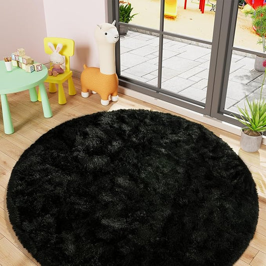 LOCHAS Luxury Round Fluffy Area Rugs for Bedroom Kids Girls Room Nursery, Super Soft Circle Rug, Cute Shaggy Carpet for Children Living Room, 5x5 Feet Black