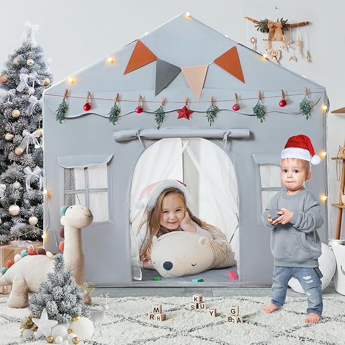 Besrey 2-in-1 Kids Playhouse with Padded Mat and Lights, Large Play Tent with 2 Doors & 4 Windows, Indoor & Outdoor, Toddler Tent, 51" x 35" x 51" (Gray)