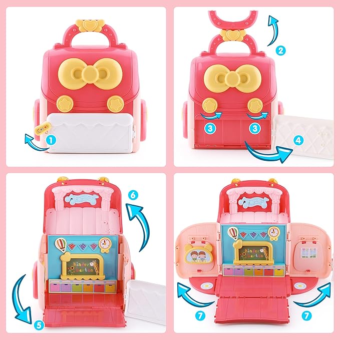 iPlay, iLearn Backpack Dollhouse Playset for Girls 3-5, Kids Pretend Play Doll House Set W/ Portable Backpack, Dolls, School Accessories, Birthday Gifts for 4 5 6 Year Olds Children Toddlers