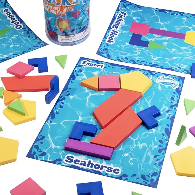 Aqua Blocks Pool Diving Game- Set Includes 40 Multi-Shape Sinking Toys,18 Challenge Cards w 3 Difficulty Levels, Mesh Storage Bag- Kids Swimming Activity Game- Outdoor 4th of July Summer BBQ Party Fun