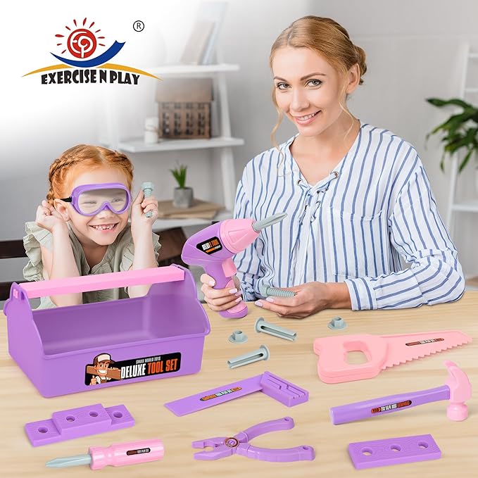 Kids Tool Set - Tool Box & Electronic Toy Drill, Pretend Play Kids Construction Tool Kit,18 Pcs Toddler Tool Set Birthday, for Boys, and Girls Ages 3 4 5 6 7 Year Old(Purple)