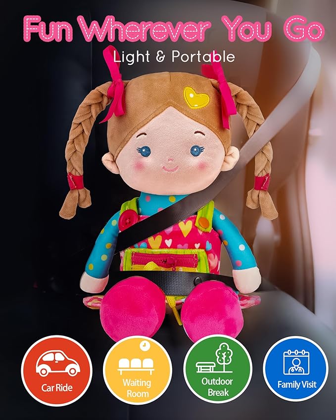 Educational Soft Baby Doll(16''), Learning Sensory Doll for Toddlers, Montessori Toys for 2-Year-Old Girls Christmas, Birthday Gifts, Plush Doll with Zipper, Shoelace, Button-Busy Sweetheart