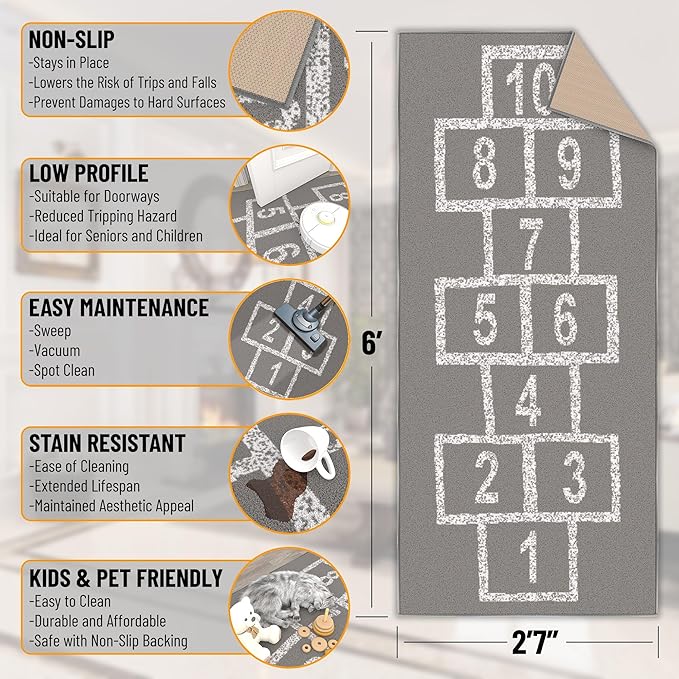 Ottomanson 2'7" x 6' Hopscotch Kids Rug - Play Mat for Playroom, Bedroom, Daycare & Classroom - Fun & Interactive Game Carpet - Durable and Non-Slip - Perfect for Learning & High-Traffic Areas, Gray