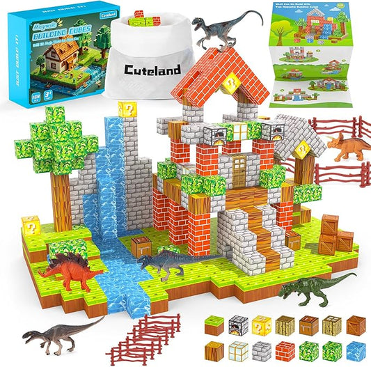Magnetic Blocks 108PCS Building Set for Boys 6-8 With 6 Dinosaur Toys - Creative Games for Kids 6+ Years Old