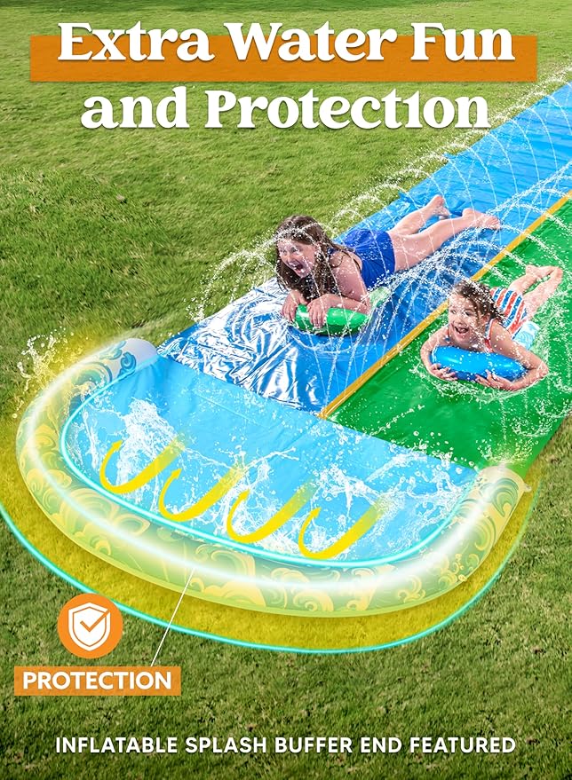 JOYIN 22.5FT Water Slide and 2 Inflatable Boards, Extra Long Heavy Duty Double Lawn Waterslide with Sprinkler for Kids Adults Backyard Summer Water Toy Outdoor Fun, Blue, Green