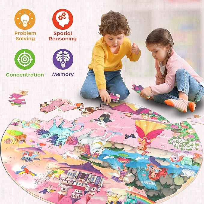 SYNARRY Unicorn Princess Mermaid Fairy Floor Puzzle for Kids Ages 3-5, Large 70 Piece Wooden Puzzle for Kids Ages 4-6, Preschool Toys Gifts for 3 4 5 6 7 8 Years Old Boys Girls Children