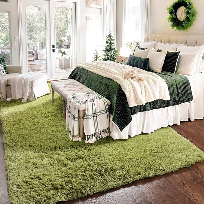 Amdrebio Grass Green Rugs for Living Room Bedroom Decor Aesthetic, 9x12 Large Fluffy Shag Area Rug for Kids Room Baby Nursery Teen Girls Boys, Cool Fuzzy Plush Cute Moss Carpet for Classroom Playroom