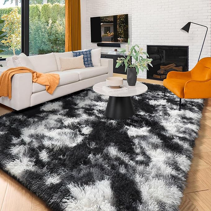 Amdrebio Black White Grey Rugs for Living Room Bedroom, 8x10 Large Fluffy Shaggy Furry Area Rug for Kids Room Dorm Home Office Apartment, Fuzzy Shag Plush Floor Modern Cool Carpet for Men Teen Boys