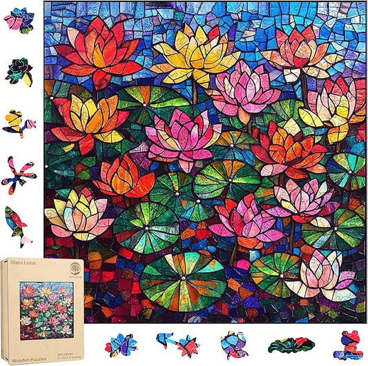 Puzzles for Adults 500 Pieces, Glass Lotus Wooden Puzzles, 5MM Thick Unique Shaped Flower Jigsaw Puzzles Birthday Gifts for Kids Family Game 15.9 * 15.9inch