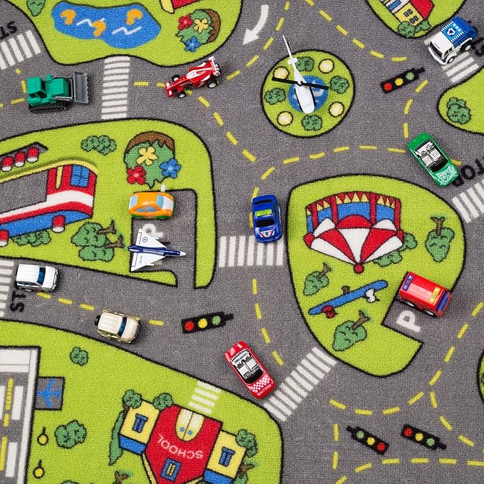 Large Kids Carpet Playmat Rug 52 x 32 with Non-Slip Backing, City Life Play Mat for Playing with Car Toy, Game Area for Baby Toddler Kid Child Educational Learn Road Traffic in Bedroom, Classroom