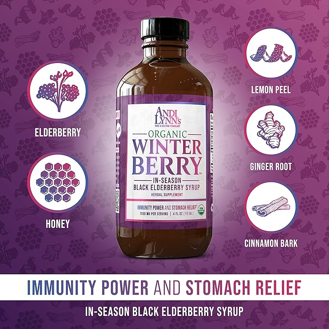 Andi Lynn's Winterberry Black Elderberry Syrup - Includes Black Elderberries, Cinnamon, Ginger, Honey & Lemon - Immune Support for Whole Family - Organic & Great Tasting Syrup 4oz
