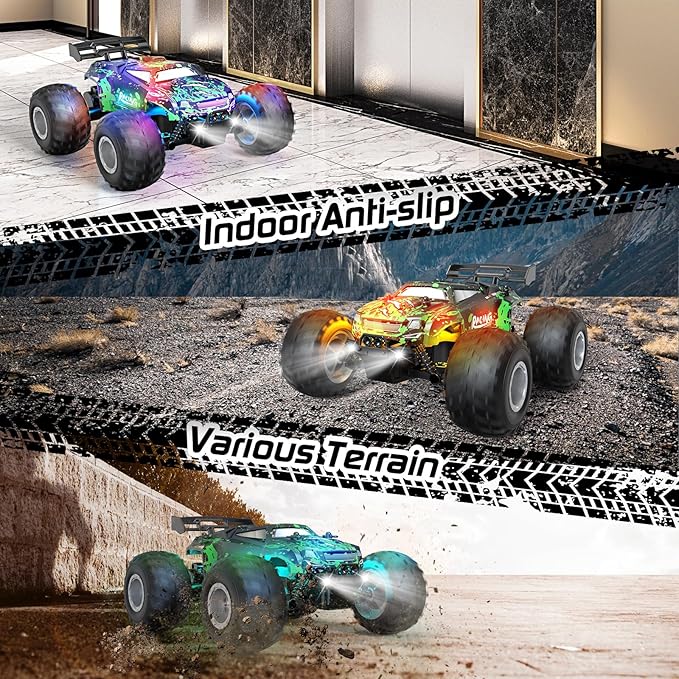 Remote Control Car, 1:18 Scale All Terrain RC Cars, 2WD 20Km/h with Colorful LedLight and Two Rechargeable Batteries, Remote Control Monster Truck Off Road Racing Car Toys for Kids and Boys