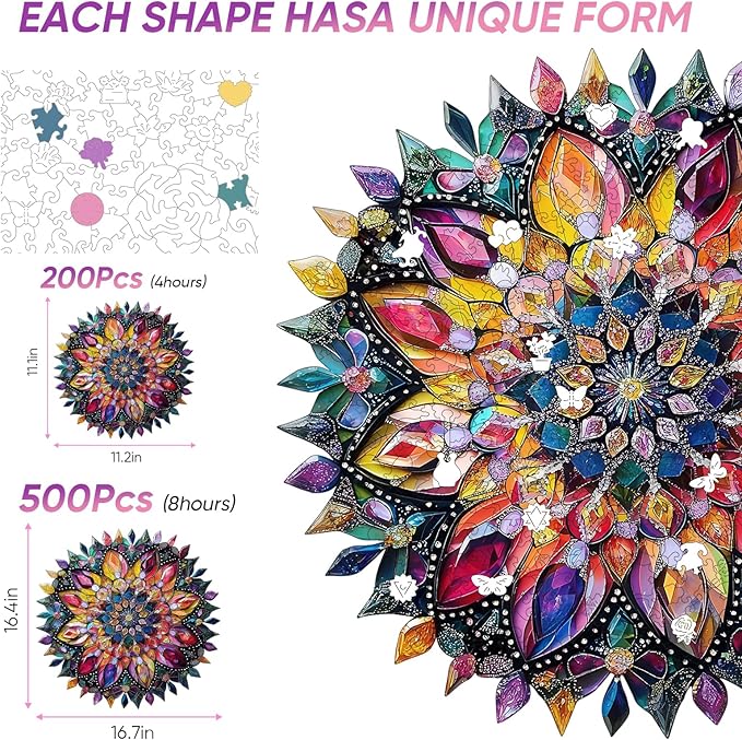 Wooden Jigsaw Puzzles - Diamond Mandala Wooden Puzzles for Adults, 500 Pcs King Size 16.7'' x 16.7'', Luxurious Shaped Wood Puzzle, Beautiful Package, Best Gift for Adults and Kids, Family Game