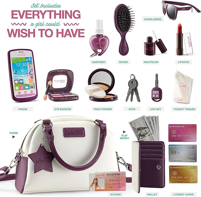 Little Girls Purse with Accessories and Pretend Makeup for Toddlers - My First Purse Set Includes Handbag, Phone, Wallet, Play Makeup and More Pretend Play Toys for Girl Age 3 +