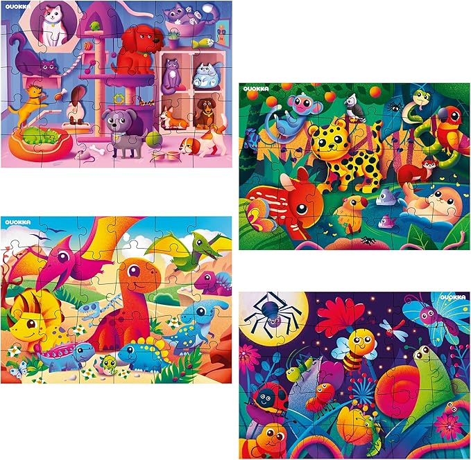 QUOKKA Puzzles for Toddlers 4-6 - 4 x 30 Pieces Puzzles for Kids Ages 3-4 - Dinosaur & Animals Learning Jigsaw Puzzles for Kids 3-5 Years Old - Educational Toys for Boy and Girl