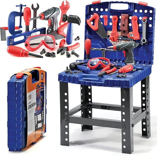Play22 Kids Tool Set Bench 76 Pc - Toddler Tool Bench Set with Electronic Play Drill - Stem Educational Toy Pretend Play Construction Work Shop - Preschool Toy Gift for Kids Children Boys and Girls