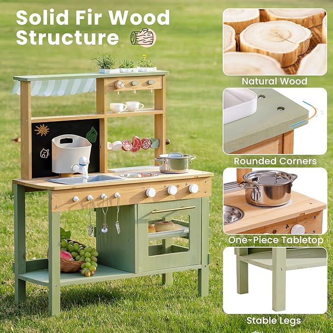 ROBUD Mud Kitchen for Kids Outdoor, Solid Wood Outdoor Play Kitchen, Green Kids Mud Kitchen with Barbecue Grill， Removable Sink & Faucet, Monteeori Toys for Children Ages 3+, WH003