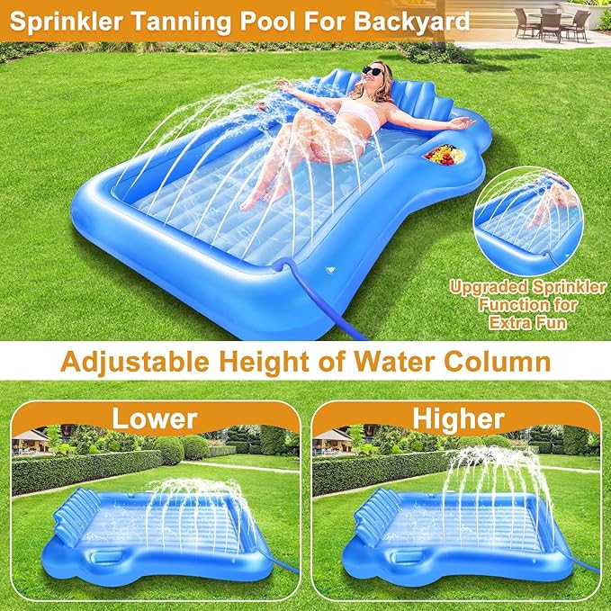 Inflatable Tanning Pool Lounger Float with Sprinkler, 83" x 63" Extra Large Pool Floats Adult with Pillow Cooler Tray, 6 in 1 Suntan Tub Raft Floatie Sunbathing Bed Water Summer Backyard Fun XL-Blue