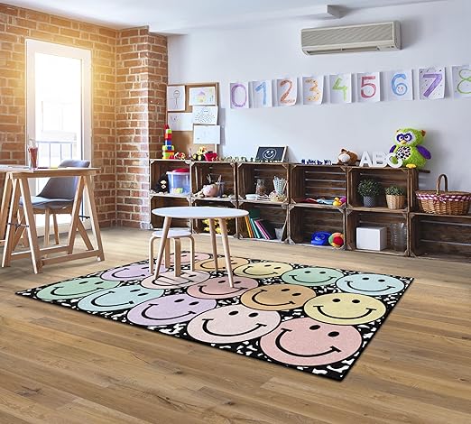 Flagship Carpets Schoolgirl Style Pastel Rainbow Smileys on Notebook Educational Area Rug for Kids Room Seating Décor, Children's Classroom, Play Carpet for Teaching and Playroom, 5' x 7'6", Multi