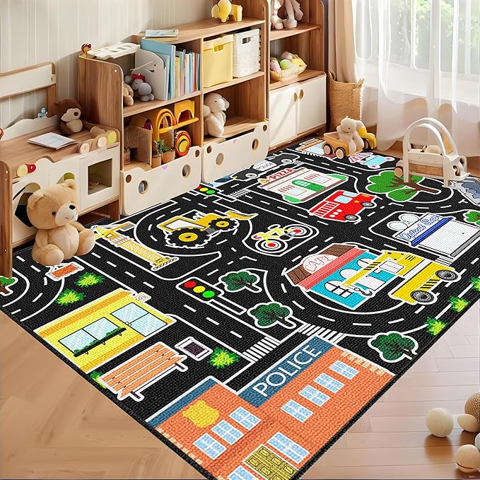 Kids Rug Play Mat - Large Car Track Rug Educational City Traffic Carpet Road Map Car Mat for Kids Toy Road Carpet for Bedroom Playroom Classroom 5x7 Feet