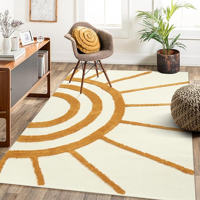 OJIA Boho Area Rug 4'x6', Tufted Living Room Rug Cotton Woven Machine Washable Rugs Beige Bedroom Rug, Farmhouse Tribal Floor Carpet Accent Rugs for Nursery Room/Dining Room