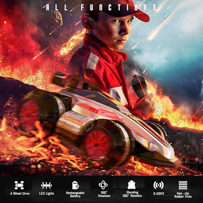 BEZGAR Upgraded Remote Control Cars for Boys Age 4-7 - 360 Spin Rotating Fast RC Toy, 4WD Upright Walking Rc Stunt Car with LED Lights Music, 2.4Ghz Indoor/Outdoor All Terrain Rechargeable Cars(Red)