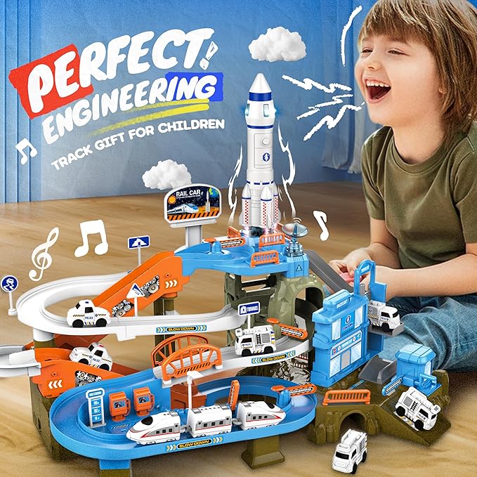 Race Tracks for Kids Ages 3-5, SMILESSKIDDO 73 PCS Space Car Tracks Toys Gifts for Boys Kids with Music and Engineering Scene Simulation, Construction Car Toddler Boy Toys Gift for Ages 3+
