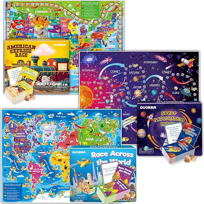 QUOKKA 3X Set Learning Board Games for Kids 6-8 - Educational Trivia Cards Ages 8-12 - Travel United States - World Map - Explore Outer Space - Gift for Children and Teens 4-8 - Floor Puzzles