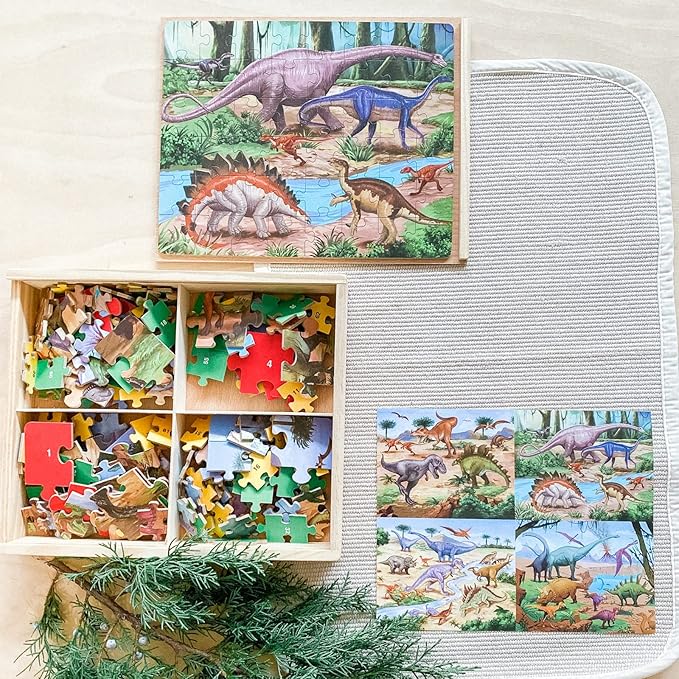 Wooden Puzzles for Kids Ages 4-8, Dinosaurs 4-in-1 Jigsaw Puzzles in a Wood Storage Box, 24 48 60 88 Pieces Dinosaur Puzzles Toys for Toddlers Kids Ages 3 4 5 6