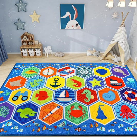 Kid Rug Ocean Sea Play Mat, 59"×39.4" Educational Baby Playmat for Playroom Primary School Nylon Surface Non-Slip Latex Backing Preschool Rugs for Classroom Learning Area