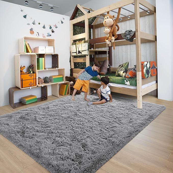 5x8 Grey Fluffy Soft Living Room Bedroom Rug, Large Area Rugs Shaggy Carpet for Living Room Classroom Kids Babys Playroom Toddler Nursery Dorm Home Decor, Modern Indoor Non Slip Rug