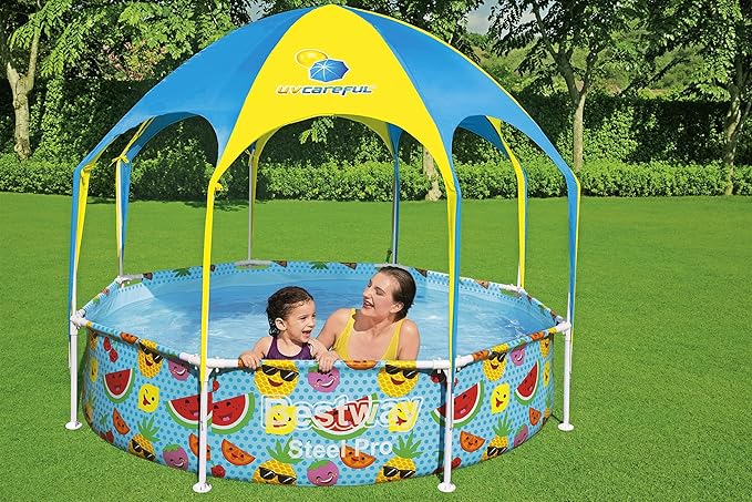 H2OGO! Kids Splash-in-Shade 8-Foot Round Steel Frame Above Ground Pool with Water Mister and Canopy Sunshade, Green Tropical Leaf Print