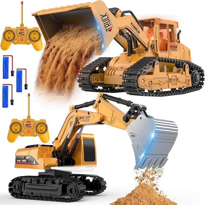 AISYAH Remote Control Excavator and Construction Bulldozer Toy Set - RC Construction Vehicles Toy with Barricades, Road Signs, Simulated Rocks, Lights and Sounds, Present for Toddlers 6-12 Year Kids