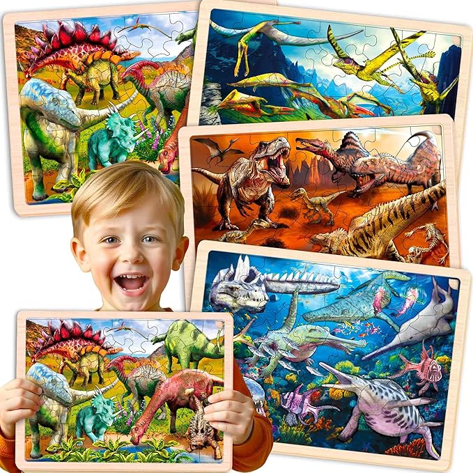 QUOKKA 4SET Puzzles for Kids Ages 4-6 - 36 Pcs Wooden Toddler Realistic Montessori Puzzles Ages 3-5 - Land, Sea, Desert, and Sky Dinosaurs Learning Games for Boys and Girls 4-8 Year Olds