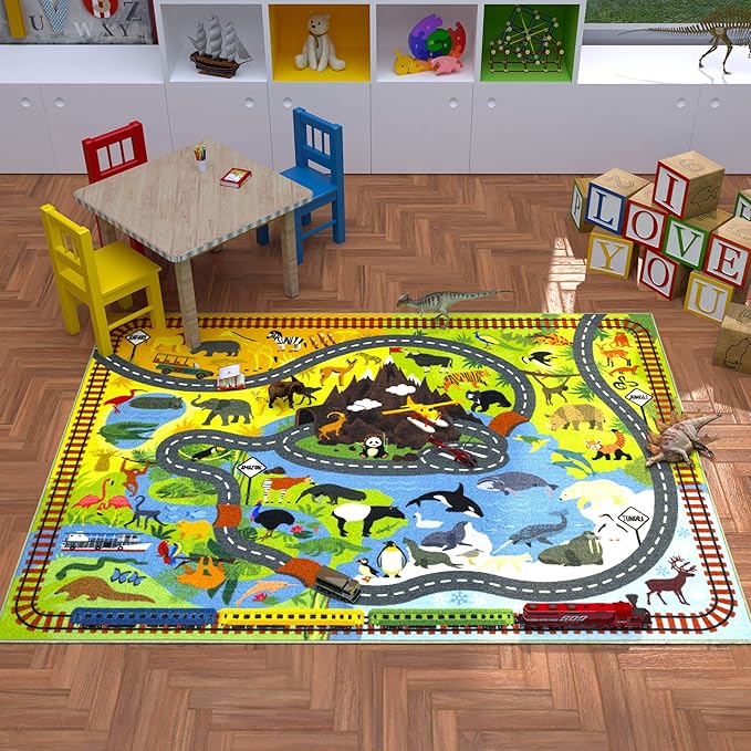 KC Cubs Playtime Collection Animal Safari Road Map Educational Learning & Game Area Rug Carpet for Kids and Children Bedrooms and Playroom (8'2" x 9'10")