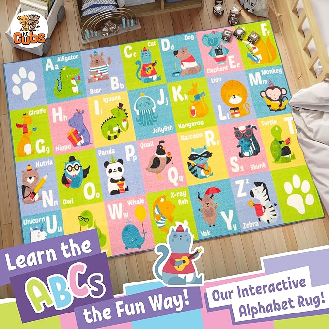 KC CUBS ABC Alphabet Animal Educational Learning & Fun Game Play Area Non Slip Boy & Girl Kids Rug Carpet for Children Bedroom, Toddler Classroom Daycare and Baby Playroom Floor Mat, Playtime Activity